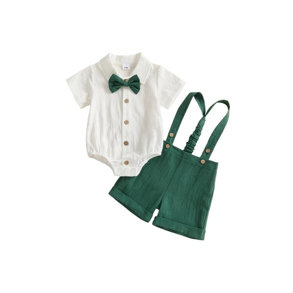 BemeyourBBs Newborn Baby Boys Summer Clothes Cotton Linen Baptism Day Gentleman Outfit Short Sleeve Bowtie Shirt Romper with Suspender Shorts Set