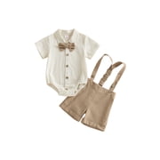 BemeyourBBs Newborn Baby Boys Summer Clothes Cotton Linen Baptism Day Gentleman Outfit Short Sleeve Bowtie Shirt Romper with Suspender Shorts Set