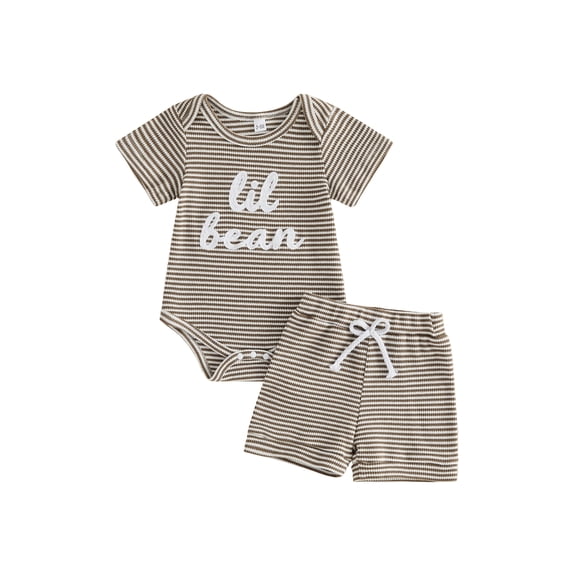 BemeyourBBs Newborn Baby Boys Summer Clothes Cute Infant Baby Boy Lil Bean Outfits Waffled Striped Short Sleeve Romper Tops Shorts 2Pcs Set