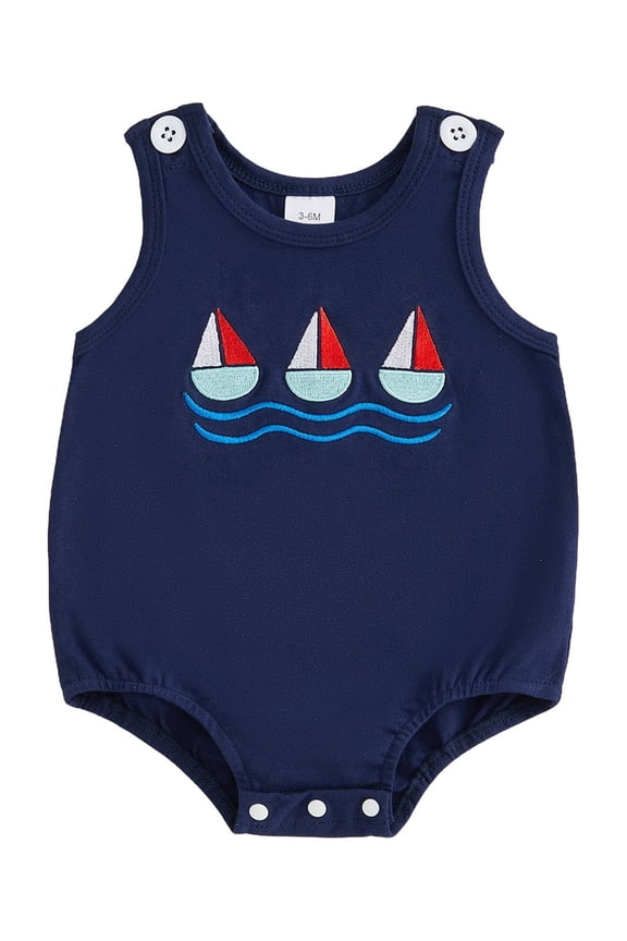 Newborn Baby Boys Summer Clothes Infant Baby Boys Bubble Romper Overalls Casual Sailboat Embroidery Sleeveless Bodysuit Jumpsuit Playsuit Overalls