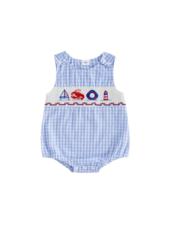 Newborn Baby Boys Summer Clothes Plaid Smocked Bubble Romper Baby Boys Summer Beach Holiday Outfits Casual Sailboat Crayfish Marine Embroidery Sleeveless Bodysuit Jumpsuit Playsuit