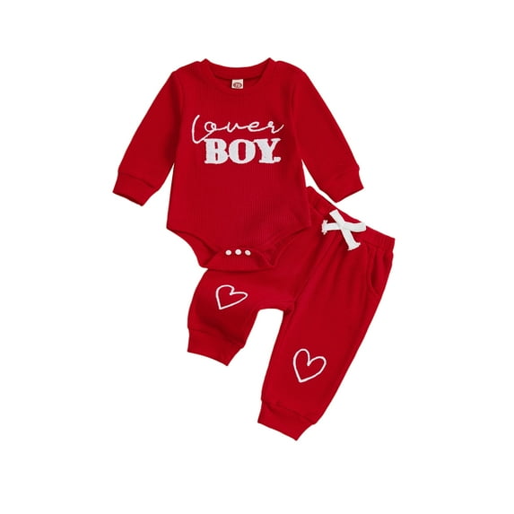 BemeyourBBs Newborn Baby Boys Valentines Day Outfits Long Sleeve Lover Boy Letters Embroidery Romper with Pants 2Pcs Spring Clothing Set