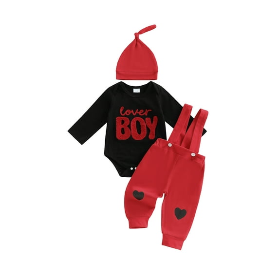 BemeyourBBs Newborn Baby Boys Valentines Day Outfits Lover Boy Letters Embroidery Long Sleeve Romper with Overalls Pants Set Cute Infant Spring Clothes