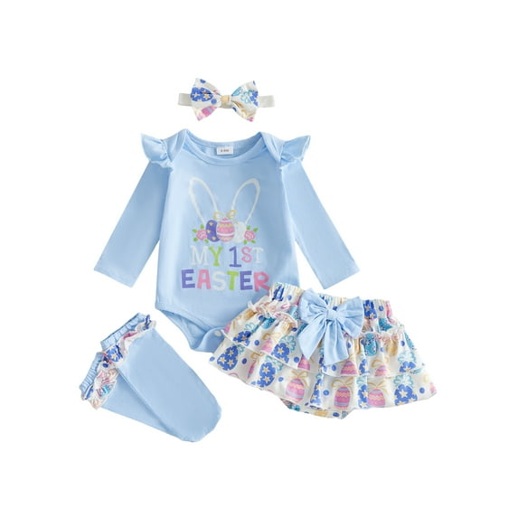 BemeyourBBs Newborn Baby Girl My 1st Easter Outfit Long Sleeve Letters Romper with Eggs Print Ruffle Skirt Set Headband Socks 4pcs Spring Easter Clothes