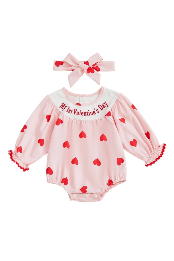 Newborn Baby Girl My 1st Valentine Day Outfit Bubble Romper Spring Clothes Heart Print Letter Embroidery Long Sleeve Infant Jumpsuit Headband