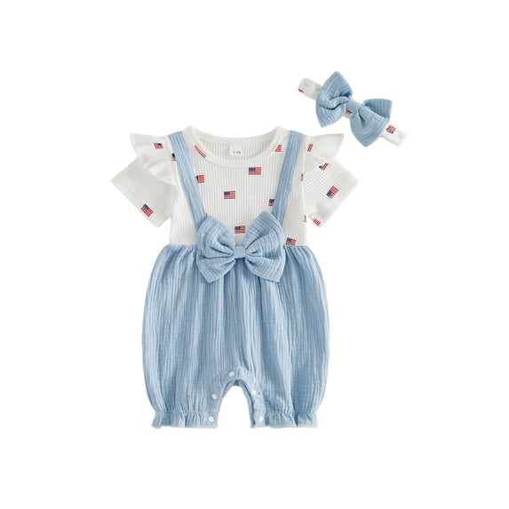 BemeyourBBs Newborn Baby Girl 4th of July Clothes Baby Girls Independent Day Summer Clothes 0 3 6 9 12 18 Months Patriot USA Flag Print Romper Fake Two-Piece Short Sleeve Bodysuit Jumpsuit Headband