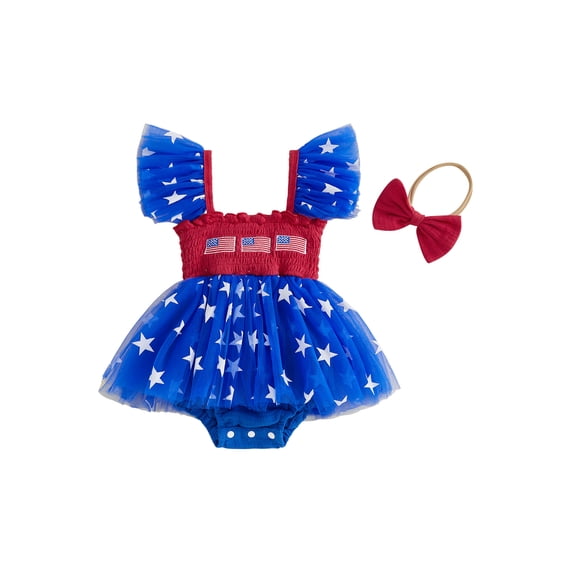 BemeyourBBs Newborn Baby Girl 4th of July Outfit Patriot Smocked Romper Dress Independent Day Summer Clothes American Flag Embroidered Star Print Smocked Mesh Tulle Tutu Dress and Headband 2 Pcs Set