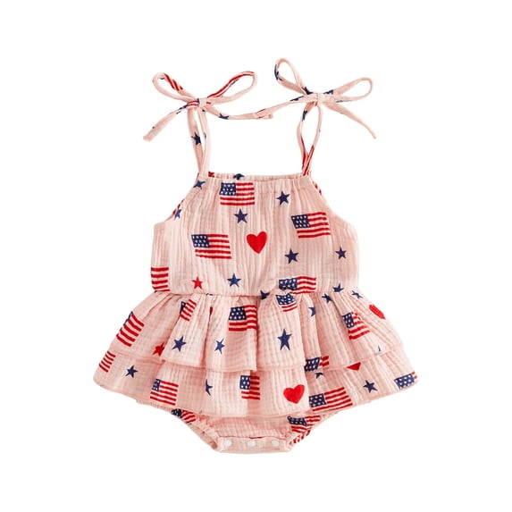 BemeyourBBs Newborn Baby Girl 4th of July Outfit Patriotic Romper Dress Independent Day Clothes Cotton Linen Fourth of July Heart American Flag Print Sleeveless Strap Tie-up Ruffle Bodysuit Dress