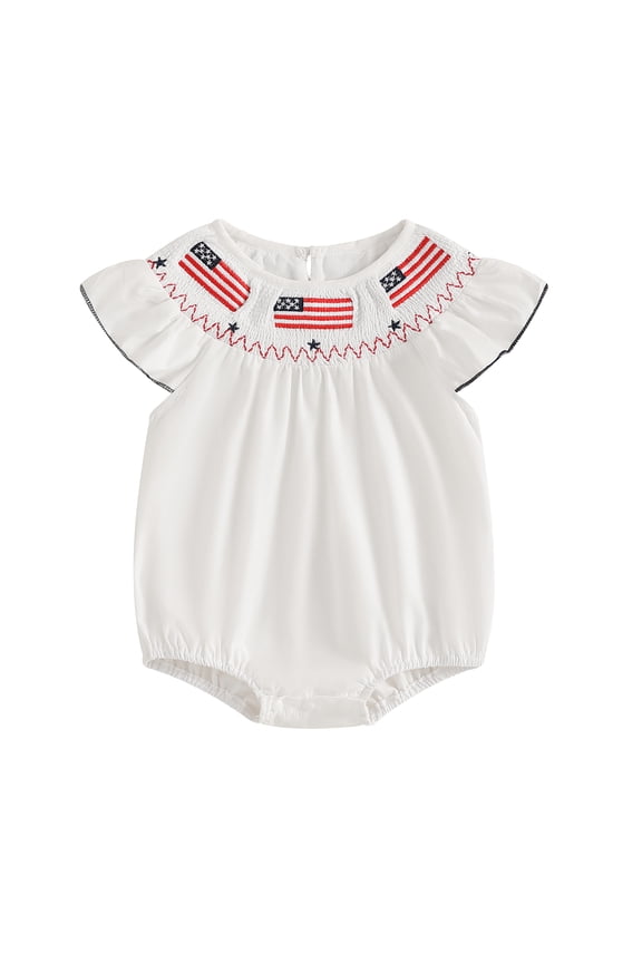 Newborn Baby Girl 4th of July Outfit Smocked Bubble Romper Patriotic Independent Day Summer Clothes Casual Plaid Print Flag Embroidery Fly Sleeves Bodysuit Jumpsuit