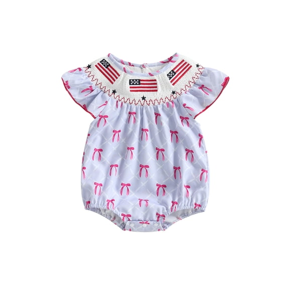 BemeyourBBs Newborn Baby Girl 4th of July Outfit Smocked Bubble Romper Patriotic Independent Day Summer Clothes Casual Plaid Print Flag Embroidery Fly Sleeves Bodysuit Jumpsuit
