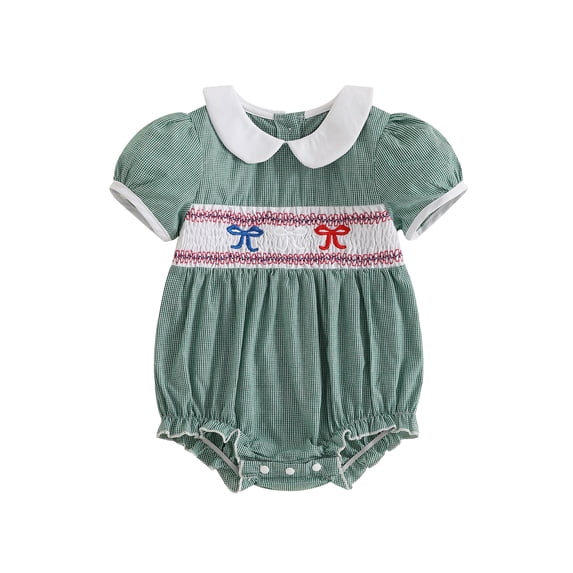 BemeyourBBs Newborn Baby Girl 4th of July Outfit Summer Smocked Bubble Romper Patriotic Independent Day Clothes Doll Collar Puff Short Sleeve Bow Print Bodysuit Playsuit Fourth of July Outfits
