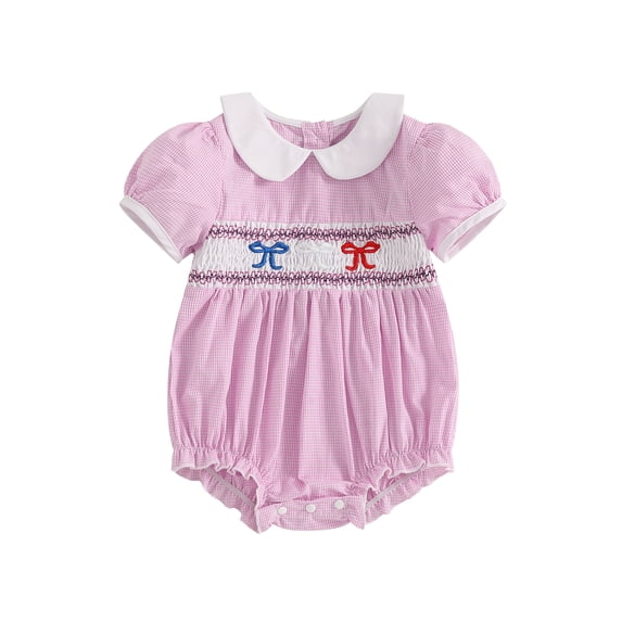 BemeyourBBs Newborn Baby Girl 4th of July Outfit Summer Smocked Bubble Romper Patriotic Independent Day Clothes Doll Collar Puff Short Sleeve Bow Print Bodysuit Playsuit Fourth of July Outfits