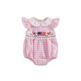 thumbnail image 1 of BemeyourBBs Newborn Baby Girl 4th of July Outfit Summer Smocked Bubble Romper Patriotic Independent Day Clothes Doll Collar Ruffle Sleeve American Flag Print Bodysuit Playsuit Fourth of July Outfits, 1 of 9