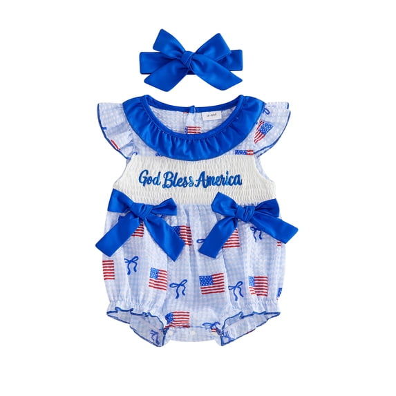 BemeyourBBs Newborn Baby Girl 4th of July Outfits Independent Day Clothes Summer Bubble Romper God Bless America Letter Embroidery Patriot Flag Plaid Print Flying Sleeve Smocked Bodysuit Headband