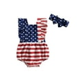 thumbnail image 1 of BemeyourBBs Newborn Baby Girl 4th of July Outfits Patriot Independent Day Clothes Summer Bubble Romper Sleeveless Backless Ruffle Star Striped Bodysuit with Headband Set, 1 of 9