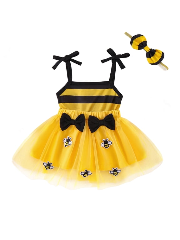 Newborn Baby Girl Bee Romper Dress Outfit Infant Baby Girls Summer Clothes 0 3 6 12 18 Months Sleeveless Bee Stripes Tuule Tutu Dress with Bow Hairband Set