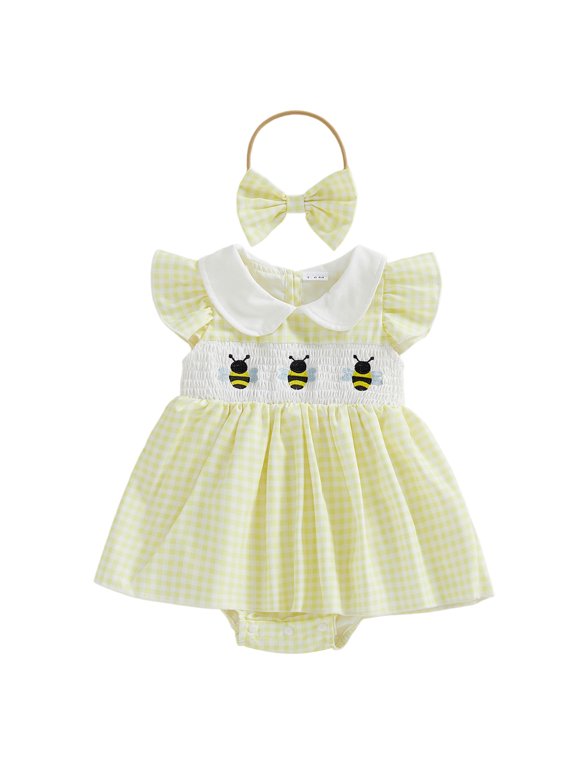 Newborn Baby Girl Bee Romper Dress Summer 2 Piece Outfit Sleeveless Bumble Bee Themed Plaid Tutu Dress Bow Headband Set