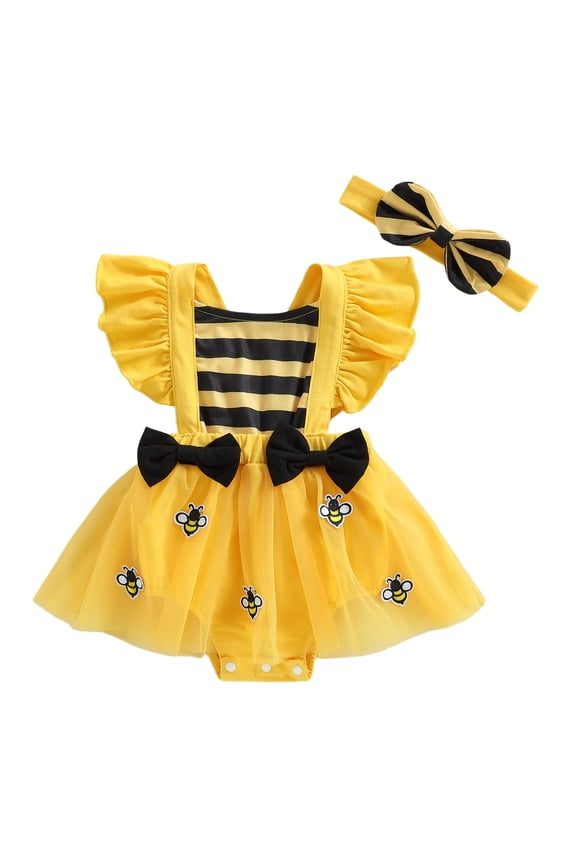 Newborn Baby Girl Bee Romper Dress Summer 2 Piece Outfit Sleeveless Bumble Bee Themed Striped Tulle Tutu Dress Bow Headband Set