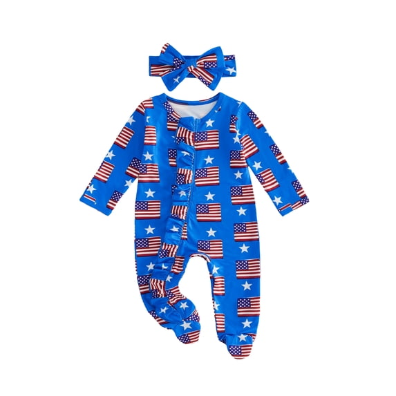 BemeyourBBs Newborn Baby Girl Boy 4th of July Outfit Footed Romper FootieJumpsuit Infant Baby Patriot Independent Day Clothes American Flag Stripe Print Ruffles Long Sleeve Zipper Romper Headband Set