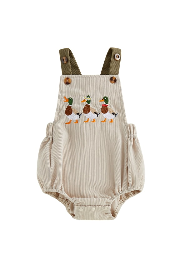 Newborn Baby Girl Boy Duck Outfit Summer Bubble Romper Overalls 0 3 6 12 18 Months Cute Mallard Duck Embroidery Sleeveless Bodysuit Jumpsuit Playsuit