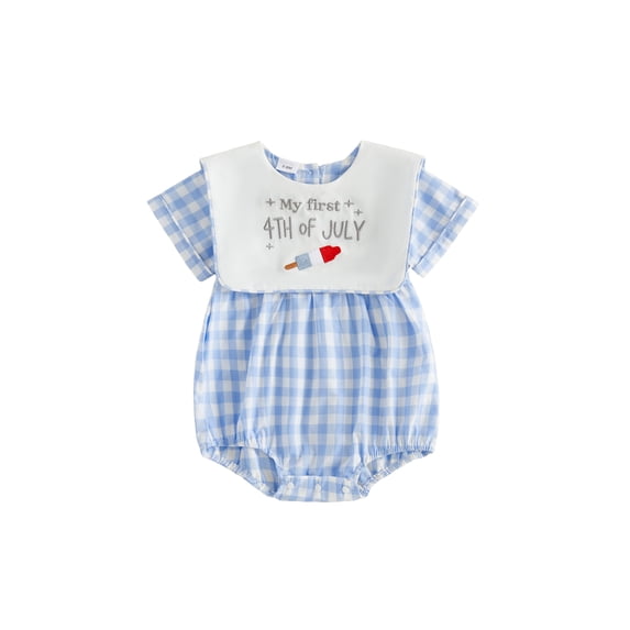 BemeyourBBs Newborn Baby Girl Boy My First 4th of July Outfit Patriotic Independent Day Clothes Summer Plaid Bubble Romper Popsicle Embroidery Short Sleeve Bodysuit Jumpsuit Playsuit