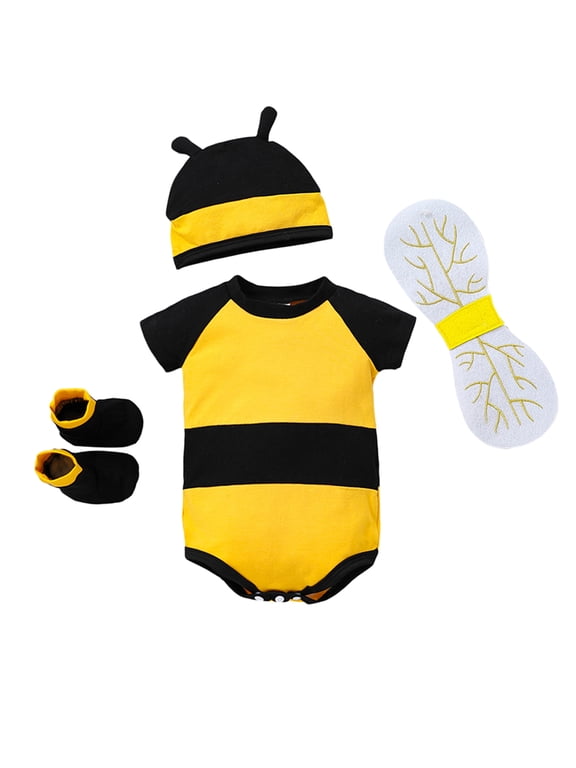 Newborn Baby Girl Boy Helloween Bee Outfit Bumblebee Romper Short Sleeve Honeybee Bodysuit Hat Wings Socks Set 4Pcs Infant Spring Summer Fall Clothes