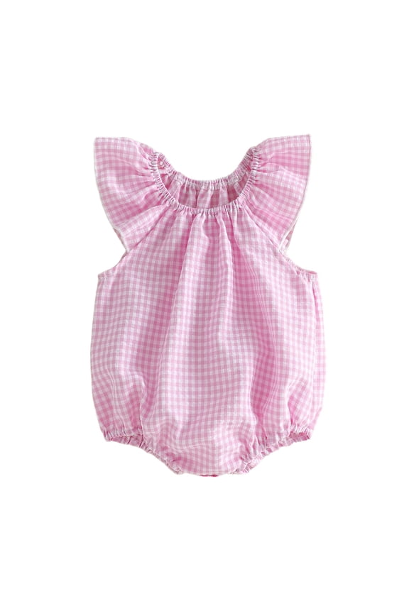 Newborn Baby Girl Boy Plaid Gingham Bubble Romper Infant Baby Summer Clothes Casual Loose Fit Crew Neck Flying Sleeve Bodysuit Playsuit Jumpsuit