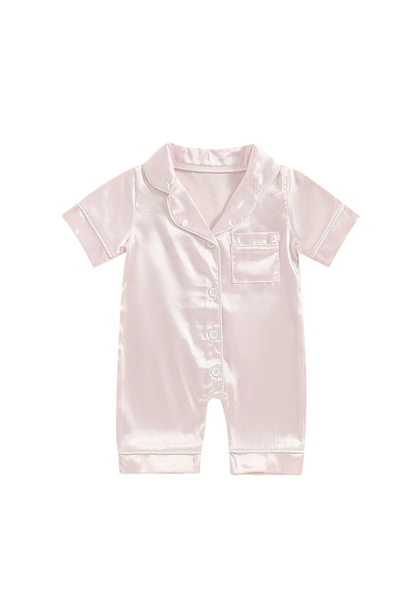 Newborn Baby Girl Boy Silk Satin Pajamas Rompers Kids Short Sleeve Button Down Pjs Infant One Piece Jumpsuit Loungewear Sleepwear