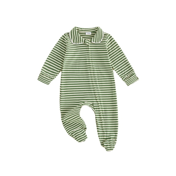BemeyourBBs Newborn Baby Girl Boy Spring Fall Winter Clothes Outfit Footed Romper 0 3 6 Months Casual Long Sleeve Lapel Collar Stripes Print Zip Up Footie Jumpsuit One Piece Outfits