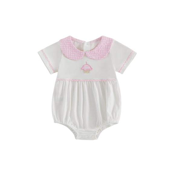BemeyourBBs Newborn Baby Girl Boy Summer Clothes Baby Girls Boys 1st First Birthday Outfit 0 6 12 18 Months Bubble Romper Short Sleeve Cupcake Horse Embroidered Plaid Doll Collar Bodysuit Playsuit