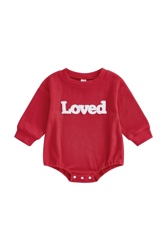 Newborn Baby Girl Boy Valentine Day Outfit Bubble Romper Loved Letter Embroidery Long Sleeve Bodysuit Fall Spring Clothes