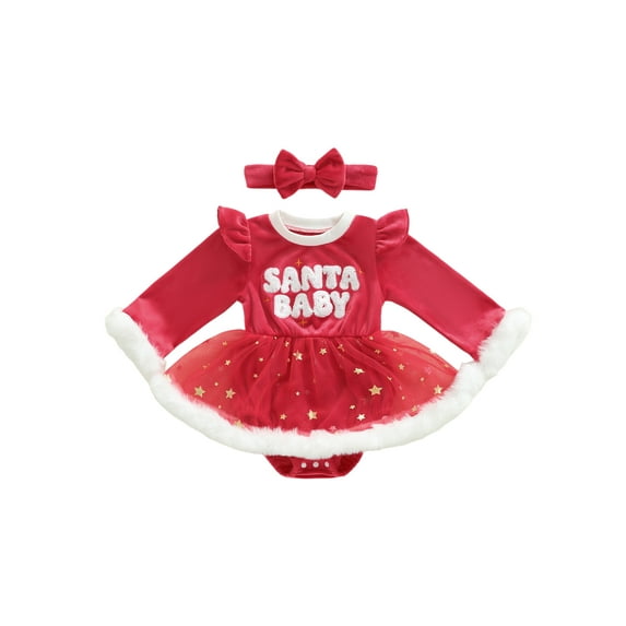 BemeyourBBs Newborn Baby Girl Christmas Outfit Velvet Santa Romper Dress Bow Embroidery Long Sleeve Smocked Tutu Dress Headband 2 Piece Set