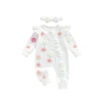 thumbnail image 1 of BemeyourBBs Newborn Baby Girl Coming Home Outfits 3D Flower Ruffle Romper Spring Fall Winter Clothes Long Sleeve Zipper Jumpsuit Headband Set, 1 of 9
