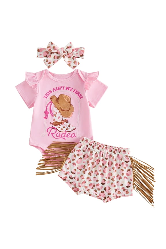 Newborn Baby Girl Cowgirl Outfit Western Baby Girl Summer Clothes My First Rodeos Boots Print Short Sleeve Romper Tassel Shorts and Headband Set