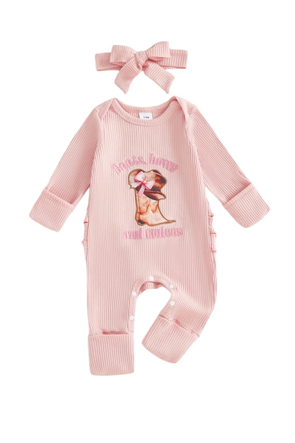 Newborn Baby Girl Cowgirl Outfit Western Boots Romper Rib Knit Long Sleeve Jumpsuit with Headband