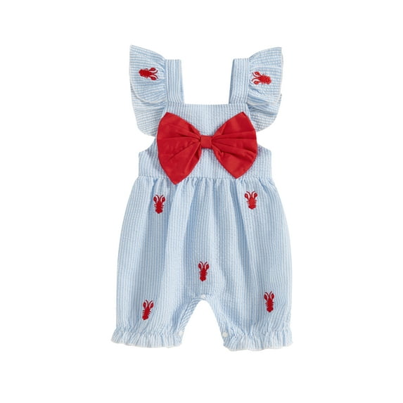 BemeyourBBs Newborn Baby Girl Crawfish Outfit Fly Sleeve Bowknot Stripes Embroidery Lobster Casual Jumpsuit Cute Infant Summer Clothes