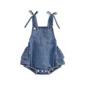 BemeyourBBs Newborn Baby Girl Denim Overalls Bubble Romper Western Baby Girl Cowgirl Outfit Cute Baby Girls Summer Clothes Ruffled Back Bow Sleeveless Backless Jean Bodysuit Playsuit Jumpsuit