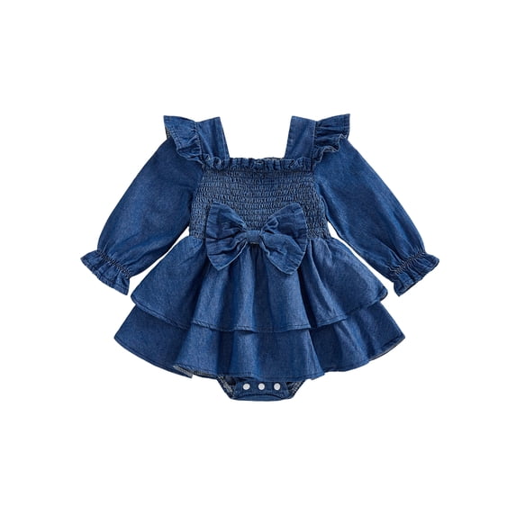 BemeyourBBs Newborn Baby Girl Denim Romper Dress Outfits Jeans Smocked Dress Cute Girls Spring Summer Clothes Casual Long Sleeve Bodysuit Bow Headband 2 Pcs Set