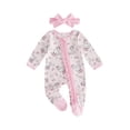thumbnail image 1 of BemeyourBBs Newborn Baby Girl Duck Goose Outfit Infant Baby Girl Spring Summer Fall Winter Clothes Footed Romper Cute Duck Flower Bow Print Ruffled Trim Zipper Long Sleeve Footie Jumpsuit Headband, 1 of 9