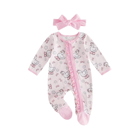 BemeyourBBs Newborn Baby Girl Duck Goose Outfit Infant Baby Girl Spring Summer Fall Winter Clothes Footed Romper Cute Duck Flower Bow Print Ruffled Trim Zipper Long Sleeve Footie Jumpsuit Headband