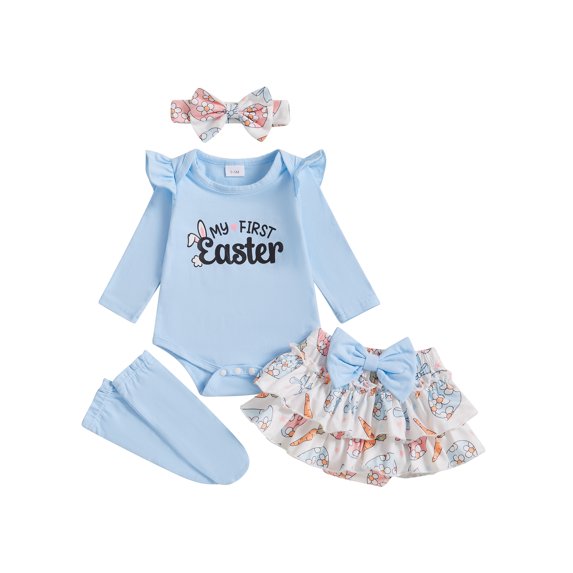 BemeyourBBs Newborn Baby Girl Easter Outfits Easter Bunny Long Sleeve Romper Rabbit Ruffle Skort Shorts Skirt Headband Socks Set Spring Summer Clothes