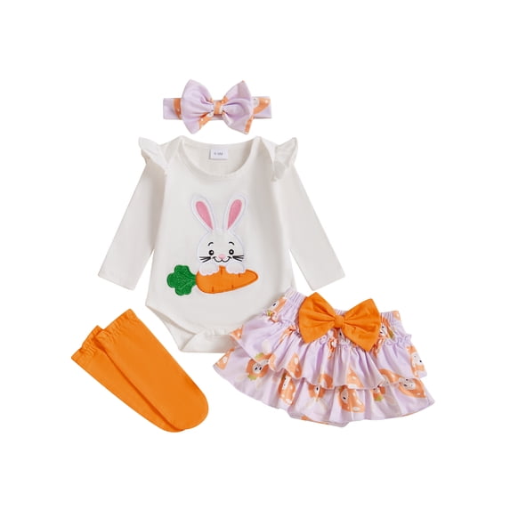 BemeyourBBs Newborn Baby Girl Easter Outfits Easter Bunny Long Sleeve Romper Rabbit Ruffle Skort Shorts Skirt Headband Socks Set Spring Summer Clothes