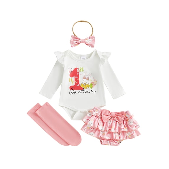 BemeyourBBs Newborn Baby Girl Easter Outfits Easter Bunny Long Sleeve Romper Rabbit Ruffle Skort Shorts Skirt Headband Socks Set Spring Summer Clothes