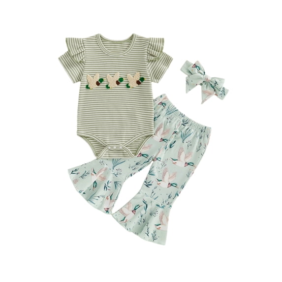 BemeyourBBs Newborn Baby Girl Farm Duck Outfit Infant Girls Summer Clothes Animal Embroidered Waffle Striped Short Sleeve Romper Print Bell Bottom Flared Pants Set Headband