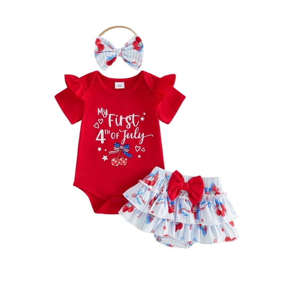 BemeyourBBs Newborn Baby Girl My First 4th of July Outfit Baby Girls Summer Patriot Independence Day Outfits Letter Cherry Print Ruffle Short Sleeve Romper Top Tiered PP Shorts Skirt Headband Sets