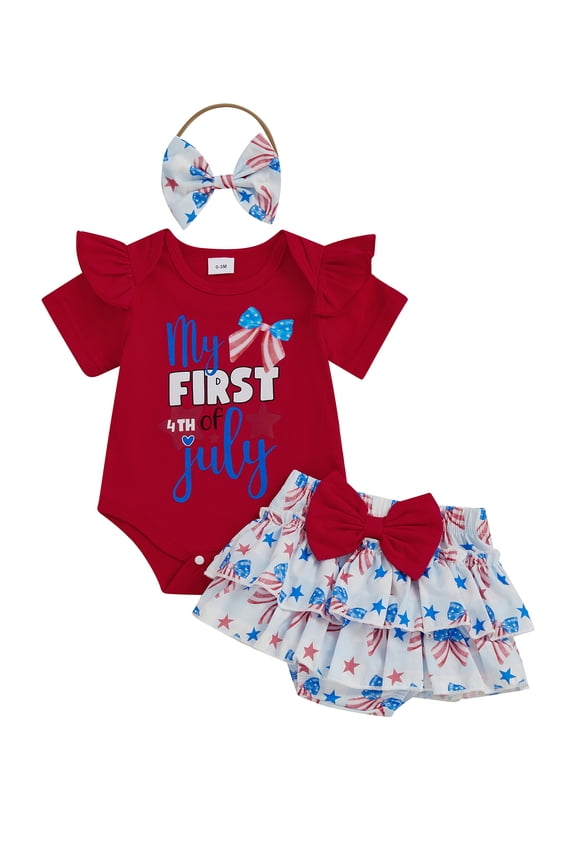 Newborn Baby Girl My First 4th of July Outfit Patriot Independent Day Summer Clothes Letter Print Flying Sleeve Romper Star Bow Tiered Ruffled Shorts Skirt Headband Set