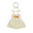 thumbnail image 1 of BemeyourBBs Newborn Baby Girl First Birthday Outfit 1st Birthday Summer Clothes Smocked Romper Dress Strap Tie-Up Sleeveless Embroidery Sun Letters Tulle Tutu Dress with Headband, 1 of 9