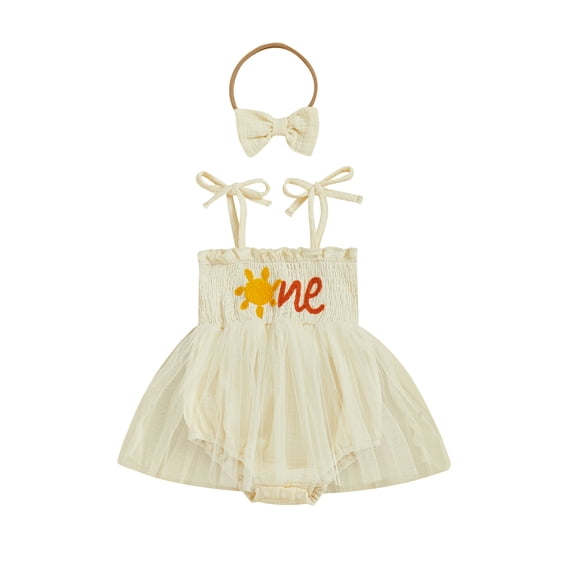 BemeyourBBs Newborn Baby Girl First Birthday Outfit 1st Birthday Summer Clothes Smocked Romper Dress Strap Tie-Up Sleeveless Embroidery Sun Letters Tulle Tutu Dress with Headband