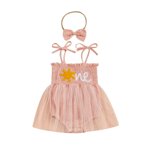BemeyourBBs Newborn Baby Girl First Birthday Outfit 1st Birthday Summer Clothes Smocked Romper Dress Strap Tie-Up Sleeveless Embroidery Sun Letters Tulle Tutu Dress with Headband