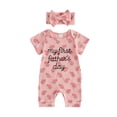 thumbnail image 1 of BemeyourBBs Newborn Baby Girl My First Fathers Day Outfit Baby Girl Summer Clothes Ribbed Romper Letter Embroidery Rose Print Short Sleeve Jumpsuit and Bow Headband 2Pcs Set, 1 of 9